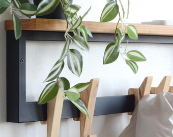 Einzigartige schwebende Wandgarderobe aus Metall mit beweglichem Holzhaken Moderner Eingangsorganisator Industiral Flur Regale Housewarming Geschenke