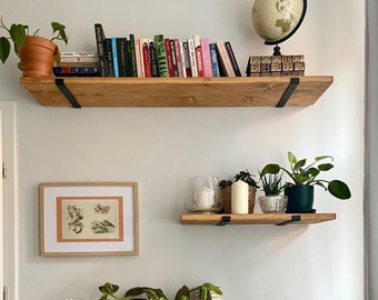 Wooden wall shelf - shelf with shelf holder - hanging shelf for books - hanging wooden shelf with industrial metal bracket - wall decoration