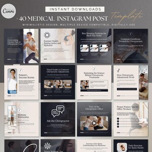 Peut inclure: Une collection de 12 modèles de publication Instagram pour une entreprise de chiropraxie. Les modèles présentent un design minimaliste avec un schéma de couleurs noir et blanc. Chaque modèle comprend un sujet différent lié aux soins chiropratiques, comme la survenue de douleurs chroniques, des conseils pour la santé estivale et une posture correcte pour les travailleurs de bureau.