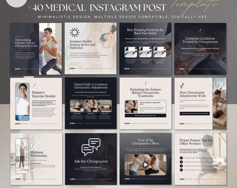 May include: A collage of 12 Instagram post templates for a chiropractic business. The templates feature a minimalist design with black and white color scheme. Each template includes a different topic related to chiropractic care, such as overcoming chronic pain, summer health tips, and proper posture for office workers.