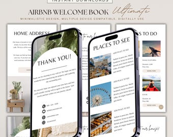 Op de afbeelding: Een digitale welkomstboek-sjabloon voor Airbnb-hosts. De sjabloon heeft een minimalistisch ontwerp met een bedankbericht, contactgegevens en een sectie voor het opsommen van bezienswaardigheden en activiteiten. De sjabloon wordt weergegeven op een smartphone-scherm.