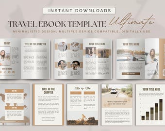 May include: A travel ebook template with a minimalist design, shown as a series of open pages. The pages feature text, images, and charts in shades of beige and brown. The words "Instant Downloads" and "Travel Ebook Template" are visible.