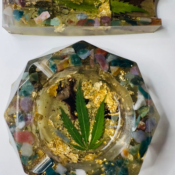 Gemstone Ashtray and Joint Holder Set with Moss and Ferns/ Ashtray/ Joint Holder/ Tigereye/ Botanical Resin/ Decorative Ashtray/ Marijuana