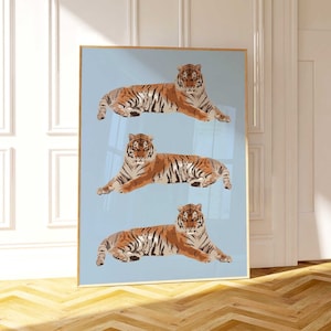 Tiger Wall Art, Preppy Wall Print, Retro Blue Animal Print, Maximalist Poster, Aesthetic Room Decor, Trendy Apartment Print, Jungle Wall Art