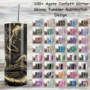 May include: 100+ Agate Confetti Glitter Skinny Tumbler Sublimation Design. A collection of 100+ sublimation designs featuring agate, confetti, and glitter patterns in various colours. The designs are perfect for creating custom tumblers.