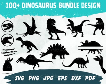 May include: A collection of black dinosaur silhouettes, including a T-Rex, Stegosaurus, and Pterodactyl, with the text "100+ DINOSAURUS BUNDLE DESIGN." File formats include SVG, PNG, JPG, EPS, DXF, and PDF.