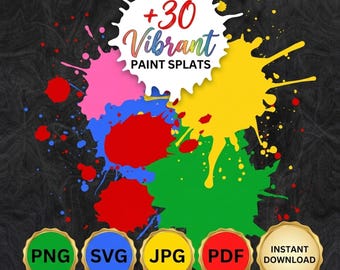 30+ Paint Splat Clipart Set, Akvarell Splash SVG, Digitala Konsttillgångar, Grunge Ink Blot PNG, Abstrakt Paint Splatter Bundle, Direkt Nedladdning