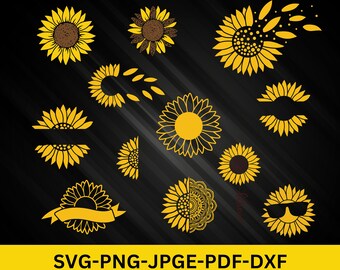 Sonnenblume SVG-Bundle, Sonnenblume SVG, Blumen Svg, Monogramm SVG, Halbe Sonnenblume SVG, Cut File Cricut, Sonnenblume Clipart Png, Silhouette, PNG