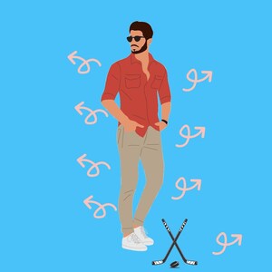 May include: Illustration of a person wearing a red shirt, khaki pants, and white sneakers, with sunglasses. Two crossed hockey sticks and a puck are at the bottom. The background is light blue with pink swirls and arrows.