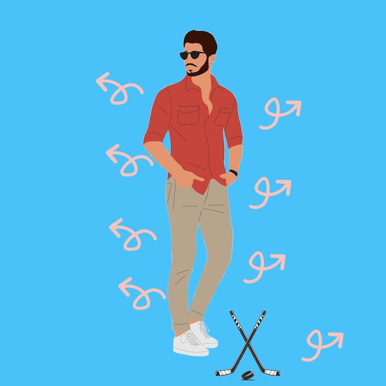 May include: Illustration of a person wearing a red shirt, khaki pants, and white sneakers, with sunglasses. Two crossed hockey sticks and a puck are at the bottom. The background is light blue with pink swirls and arrows.