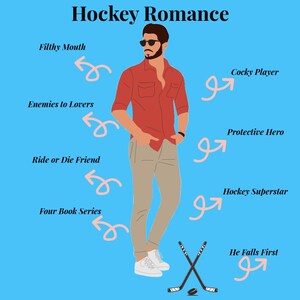 May include: Illustration with the text "Hockey Romance" and a man in a red shirt and khaki pants. The image includes hockey sticks, a puck, and text bubbles with phrases like "Filthy Mouth" and "Enemies to Lovers."