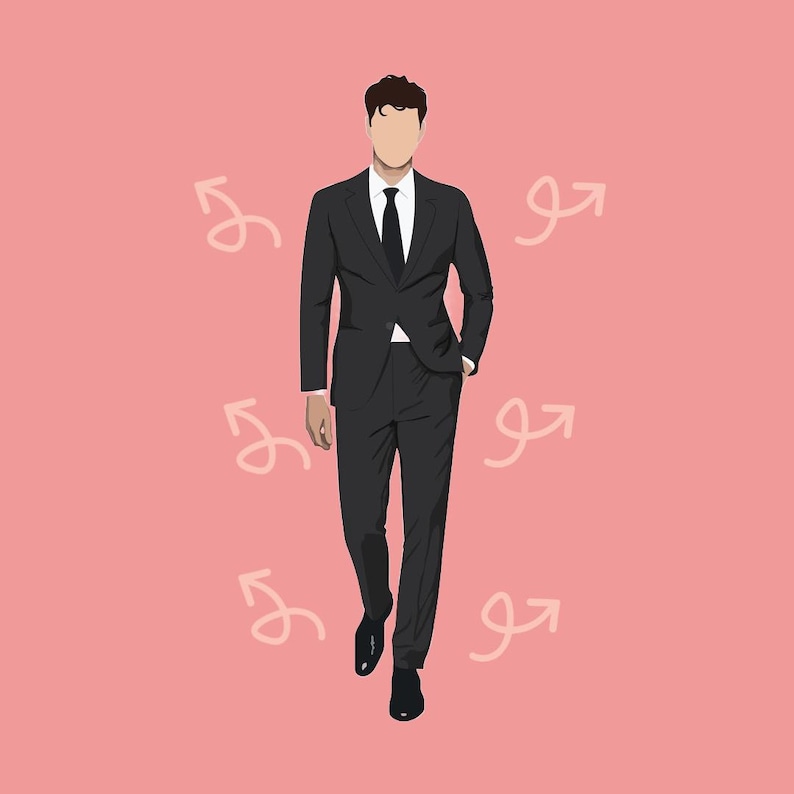 May include: Illustration of a person in a black suit, white shirt, and black tie, walking forward. The background is a solid pink color with several white arrows pointing in different directions.