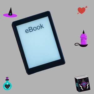 May include: Black e-reader with the word "eBook" on the screen. The image is decorated with illustrations of a witch's hat, a heart pierced by an arrow, a candle, a potion bottle, and a spell book.