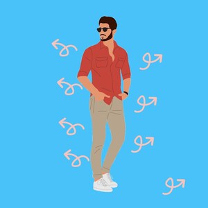 May include: Illustration of a person wearing a red button-down shirt, tan pants, and white sneakers. The person is wearing sunglasses and a black watch. The background is light blue with pink arrows.