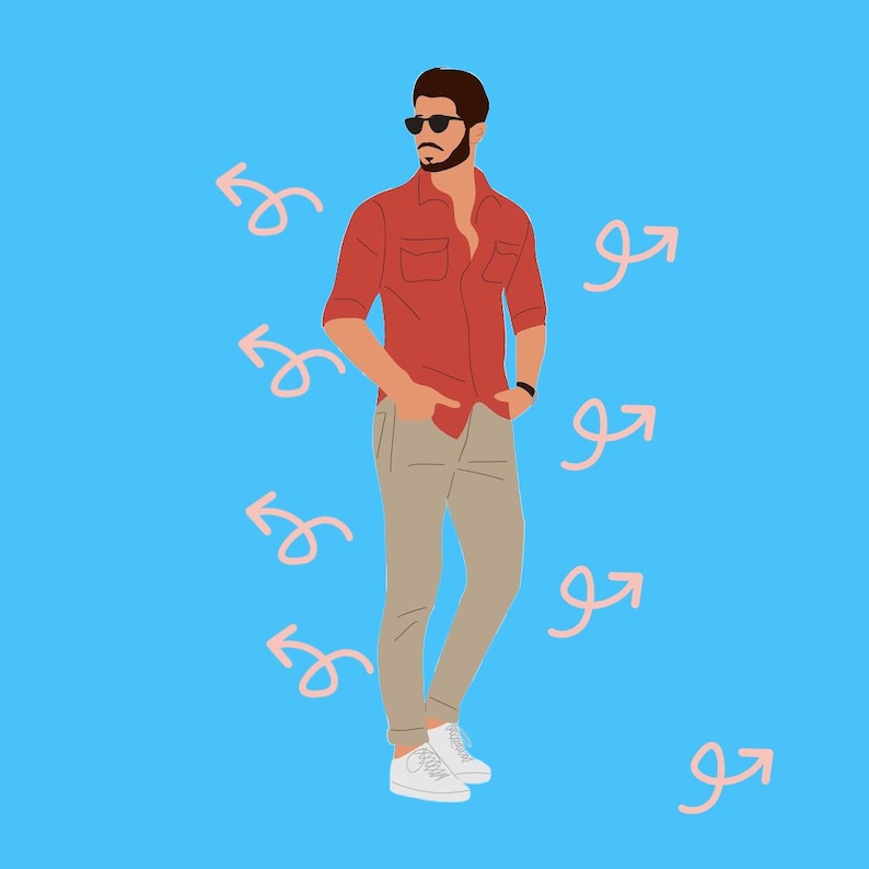 May include: Illustration of a person wearing a red button-down shirt, tan pants, and white sneakers. The person is wearing sunglasses and a black watch. The background is light blue with pink arrows.