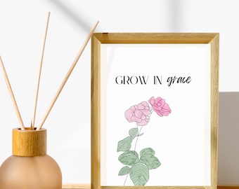 Grow in Grace Bible Verse Scripture | Pink Spring Flower Digital Download Wall Art for Laundry Room, Living Room, Bedroom, Office, Nursery