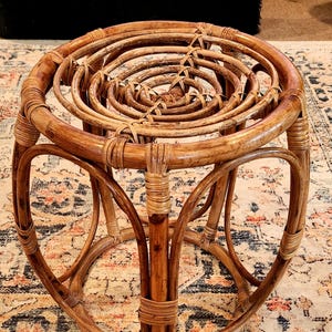 Vintage Mid Century Rattan Bamboo Plant Stand Stool