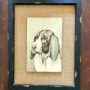 Vintage Old Hunting Dog on Burlap Framed Artwork