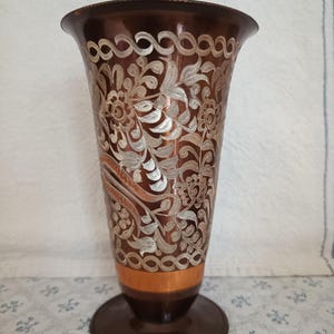Vintage Etched Copper Vase, Ornate Design