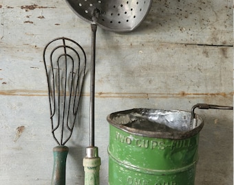 Chippy Green Vintage Kitchen Tools, Set of 3