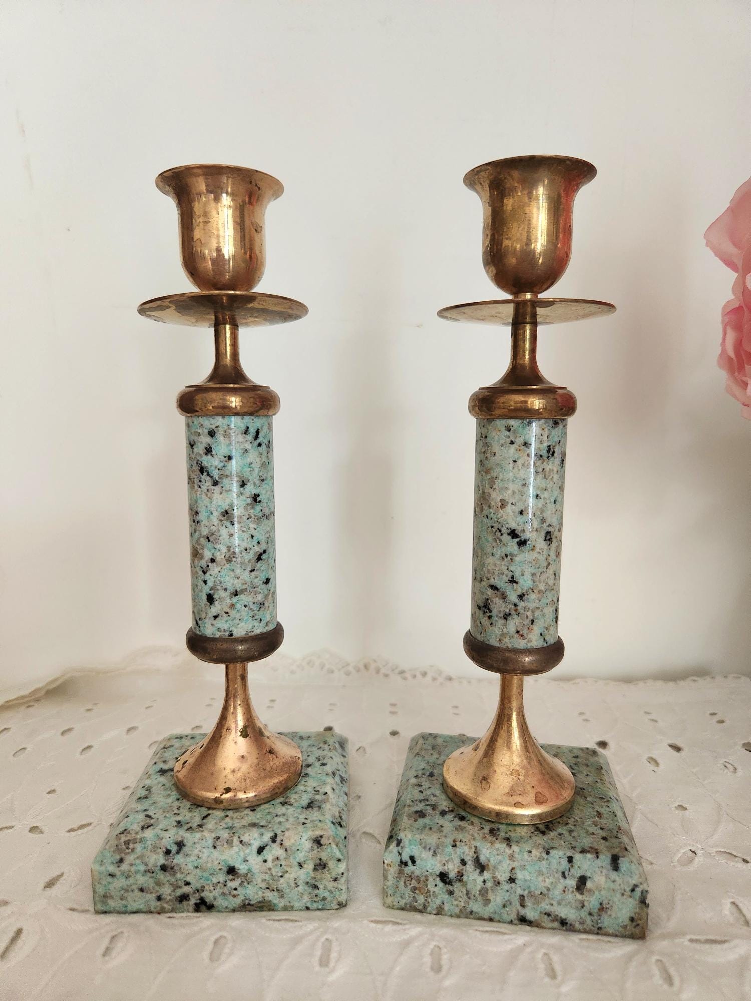 Antique Marble and Brass Candlestick Holders