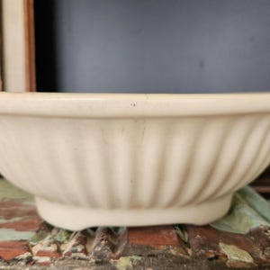 May include: A white ceramic planter with a fluted design. The planter is oval shaped and has a smooth, glossy finish.