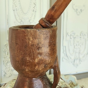 Antique Hand-carved Wooden Mortar (Handled) and Pestle