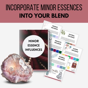 May include: A book titled "Minor Essence Influences" with a red and white cover. The book is open to a page with the title "Dramatic Influence" and a color palette of dark blue, navy blue, teal, and green. The book is surrounded by other pages with titles like "Ingenue Influence", "Natural Influence", "Ethereal Influence", and "Gamine Influence".