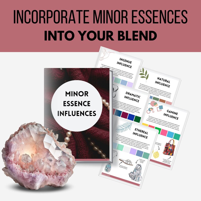 May include: A book titled "Minor Essence Influences" with a red and white cover. The book is open to a page with the title "Dramatic Influence" and a color palette of dark blue, navy blue, teal, and green. The book is surrounded by other pages with titles like "Ingenue Influence", "Natural Influence", "Ethereal Influence", and "Gamine Influence".