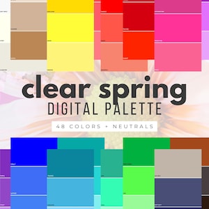 Op de afbeelding: Een digitale palet met de titel "clear spring" met 48 kleuren en neutralen. De kleurstalen bevatten tinten geel, roze, blauw, groen en neutrale tinten. De tekst op de afbeelding luidt "DIGITAL PALETTE".