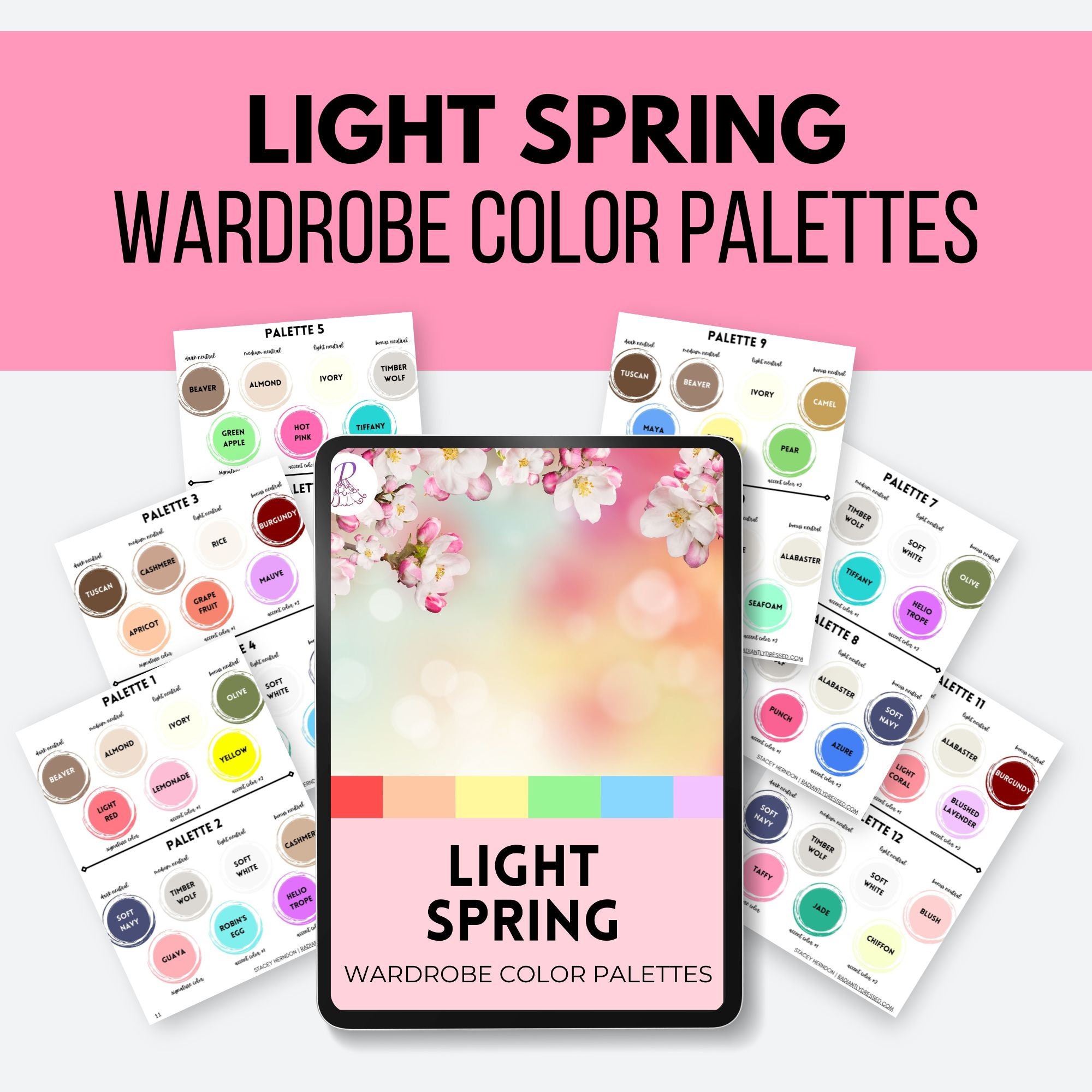 Light Spring Color Palettes 12 PREMADE WARDROBE PALETTES seasons, color analysis, spring seasons, capsule wardrobe pdf - LSp12