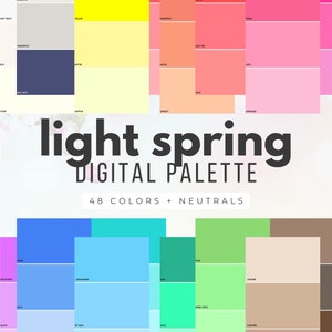 May include: A digital colour palette featuring 48 colours and neutrals. The palette is arranged in rows of colour swatches. The colours are named and include soft white, yellow, grapefruit, light red, peach, and more. The palette is titled "light spring digital palette".