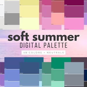 Peut inclure: Une palette de couleurs numériques pour l'été doux, comprenant 48 couleurs et des neutres. La palette comprend des nuances de bleu, de vert, de rose et de gris. Les couleurs sont disposées en grille avec le nom de chaque couleur indiqué en dessous.