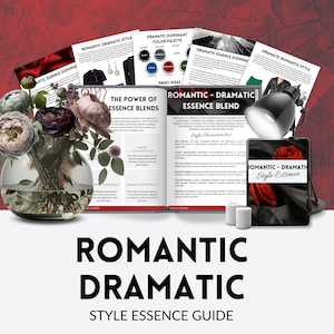 Puede incluir: Una guía para comprender la esencia del estilo romántico-dramático. La guía incluye información sobre paletas de colores, ideas de impresión y características del estilo. La portada presenta un arreglo floral en un jarrón transparente, un libro titulado "El poder de las mezclas de esencias" y una tableta con el texto "Esencia de estilo romántico-dramático".