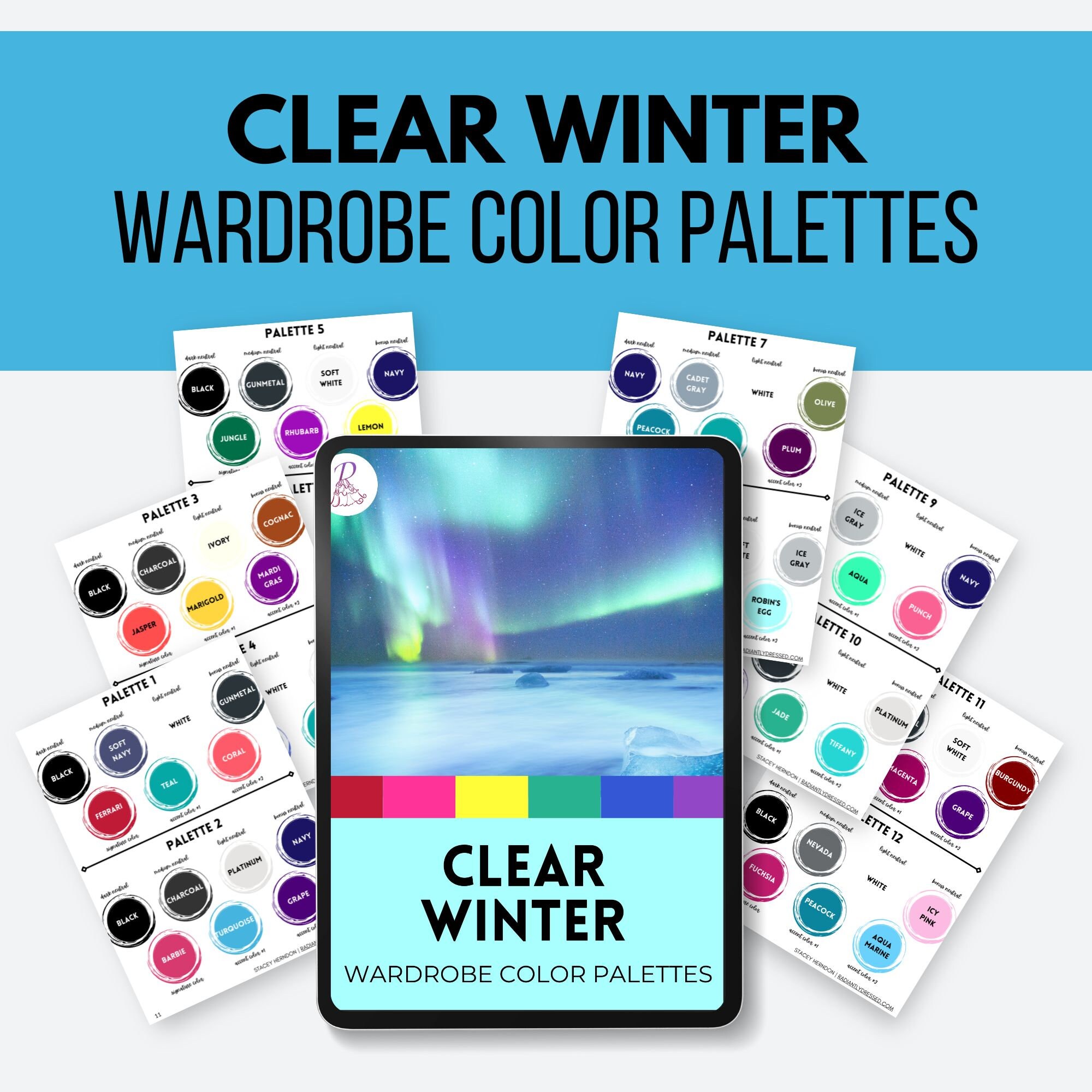 Clear Winter Color Palettes  12 PREMADE WARDROBE PALETTES seasons, color analysis, winter seasons, capsule wardrobe pdf - BW12