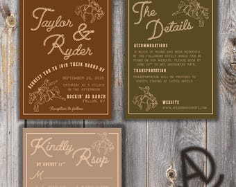 May include: A set of rustic wedding invitations with a cowboy theme. The invitations feature brown and tan backgrounds with rope-style text and illustrations of cowboys on horses. The text includes the names "Taylor & Ryder", event details, and RSVP information.