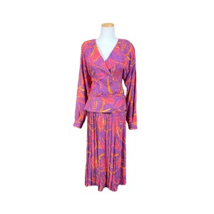 Vintage 1980s Woman’s Maxi Skirt Set, Purple and Pink Long Sleeve, Small Jackie K