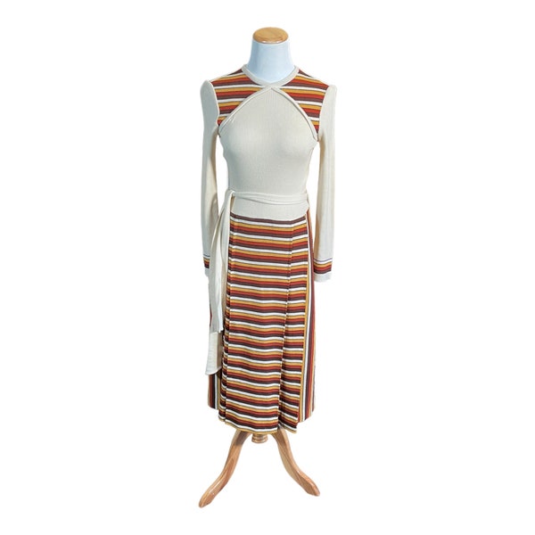 Vintage 1970s Knit Sunset Striped Long Sleeve Maxi Sweater Dress, Woman’s Small