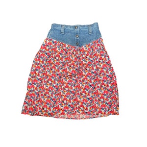 vintage 1980s Denim and Cotton Woman’s Extra Small Midi Skirt, Floral, Pink Soda