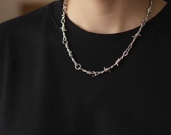 Barbed Wire Chain Necklace, Edgy Punk Goth Grunge Style, Alternative Aesthetic Statement Jewelry, Unisex Jewelry