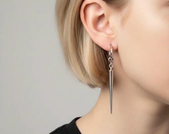Silber Spike Hoop Ohrringe, lange Spike Ohrring, Drop Spike baumeln Creolen, Edgy Punk Huggie