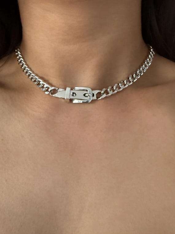 Silver Belt Buckle Choker Necklace, Edgy Cuban Link Chain, Sterling Silver Plated Y2K Jewelry, Adjustable Grunge Collar, Gothic Punk Gift