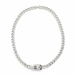Professional product photography of the silver buckle choker in a perfect circle on a clean white background.