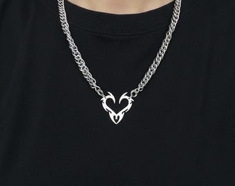 Cyber Heart Necklace, Alt Punk Spike Heart, Goth Flame Heart Pendant, 50cm Stainless Steel Chain, Gift for Him and Her