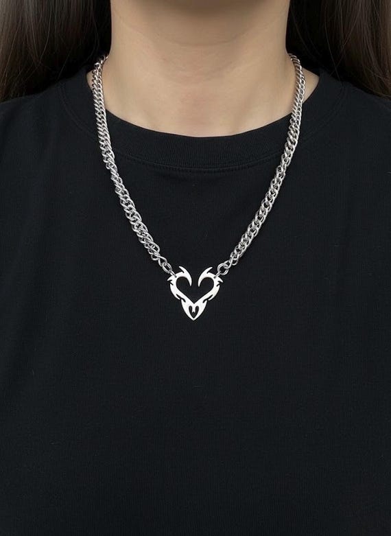 Cyber Heart Necklace, Alt Punk Spike Heart, Goth Flame Heart 