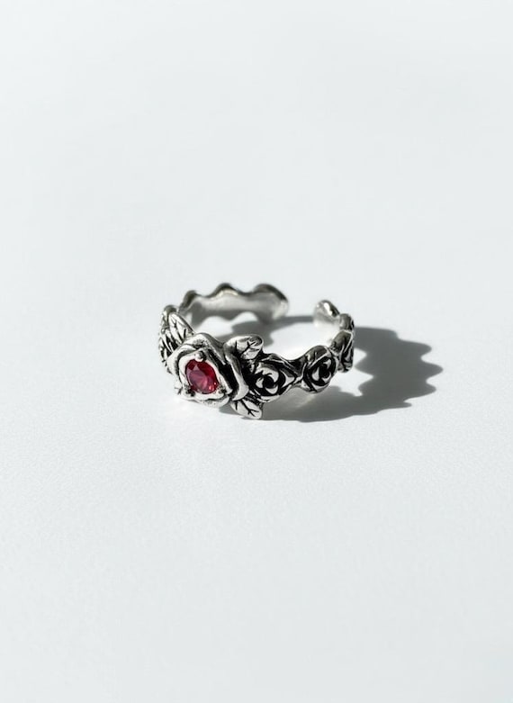Gothic Rose Red Gemstone Ring, Stainless Steel Adjustable Floral Ring, Vintage Style Ring