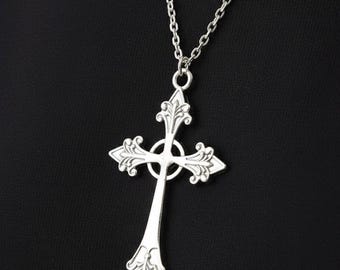 Silver Gothic Cross Necklace, Punk Rock Statement Pendant, Grunge Jewelry, Y2K