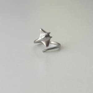 Può includere: Un anello in metallo color argento con un design stilizzato a forma di razza. L'anello presenta una fascia aperta e regolabile che si avvolge attorno al dito. Il motivo della razza è posizionato sulla parte superiore, con una finitura opaca liscia e piccole rientranze.