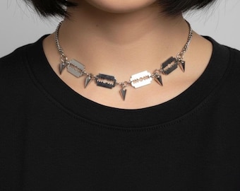 Razor Blade Spiked Necklace, Punk Rock Choker, Dark Goth Chain, Grunge Stainless Steel Jewelry