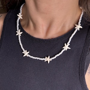 Starfish Beaded Choker Necklace | White Seed Bead Summer Jewelry | Beach Ocean Vibes | Adjustable 40+7cm | Coastal Gift for Her